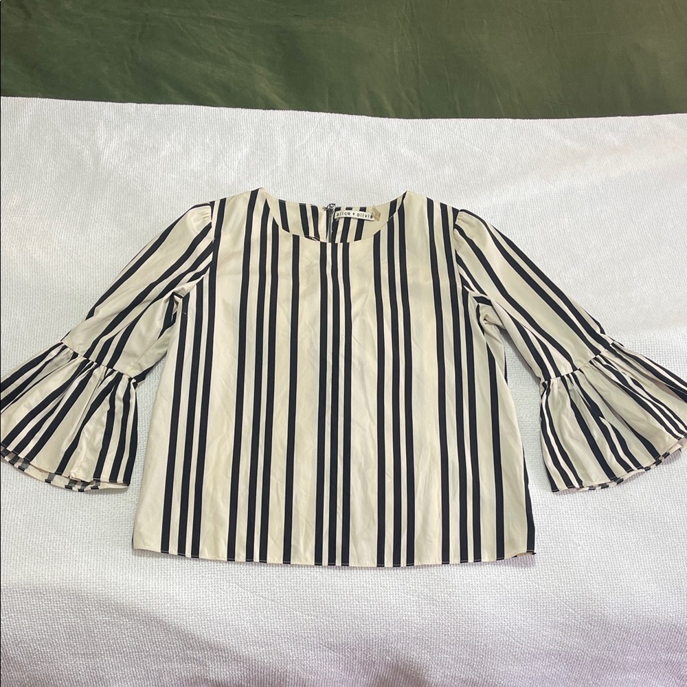 Alice + Olivia Black & Cream Striped Bell-Sleeve Blouse- Size Small